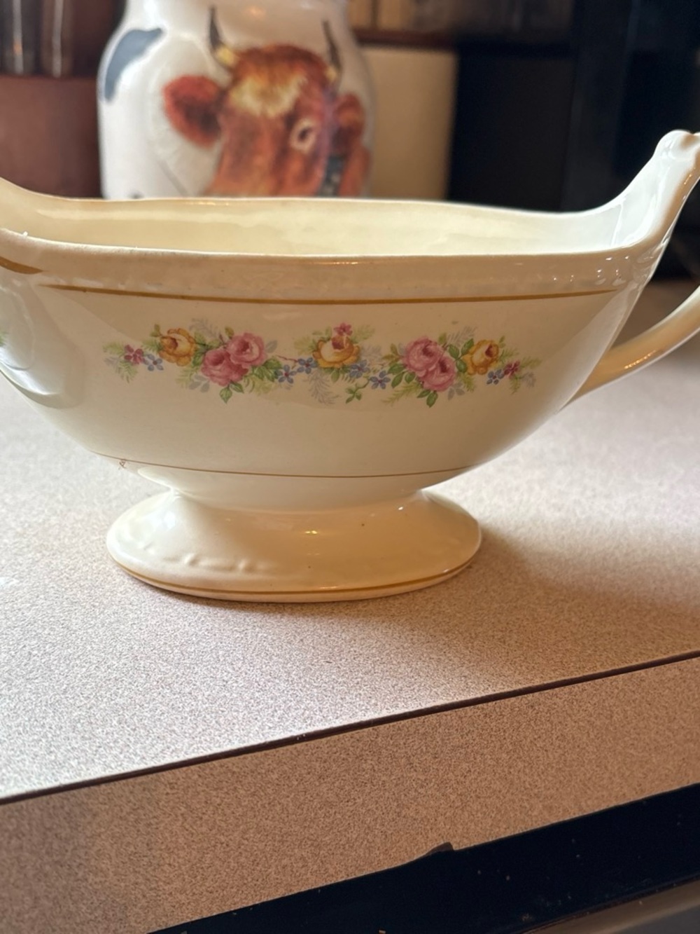 Source Unknown Cream Floral Pedestal Gravy Boat with Pink and Yellow Roses